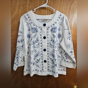Weekend Choices White Light Jacket 3/4 Sleeve With Embroidered Bead Floral Sz L